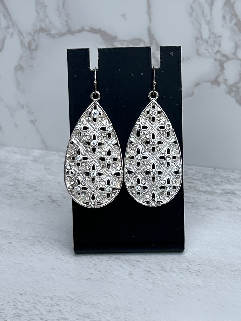 Silver Teardrop Filigree Dangle Earrings